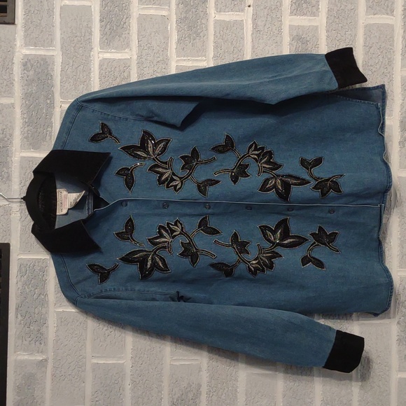 Vintage Victor Costa Women's Denim with Black Velvet Trim Beaded Jacket Small - Picture 15 of 16